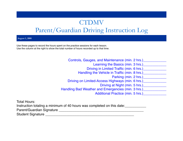 Preview of the official Parent/Guardian Instruction Log that Learner Log generates for Connecticut