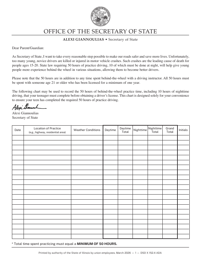 Preview of the official DSD X 152 50-Hour Practice Driving Log that Learner Log generates for Illinois