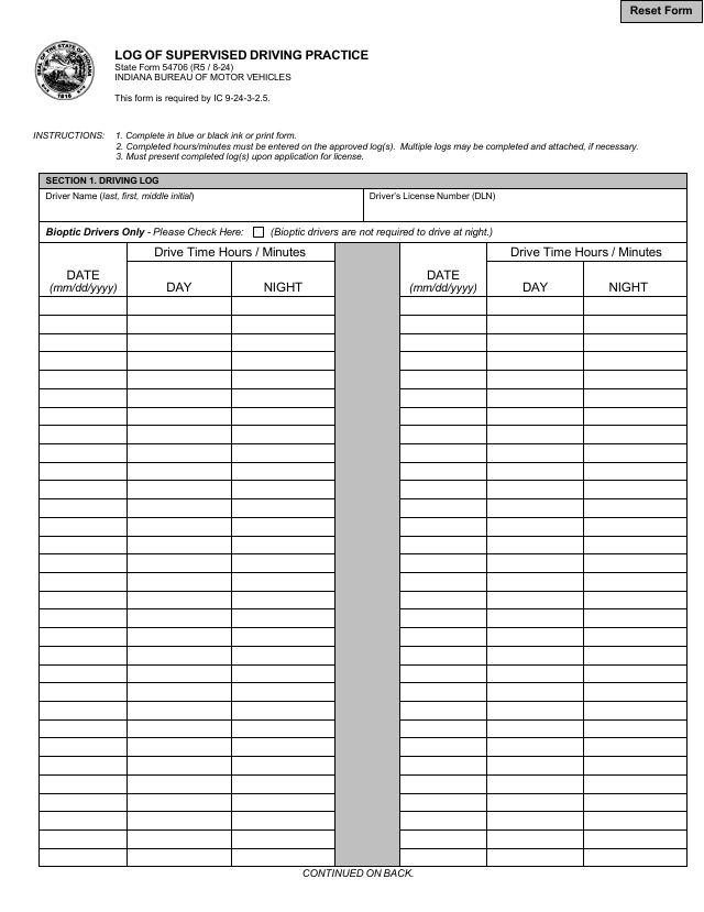 Preview of the official Log of Supervised Driving Practice (State Form 54706) that Learner Log generates for Indiana