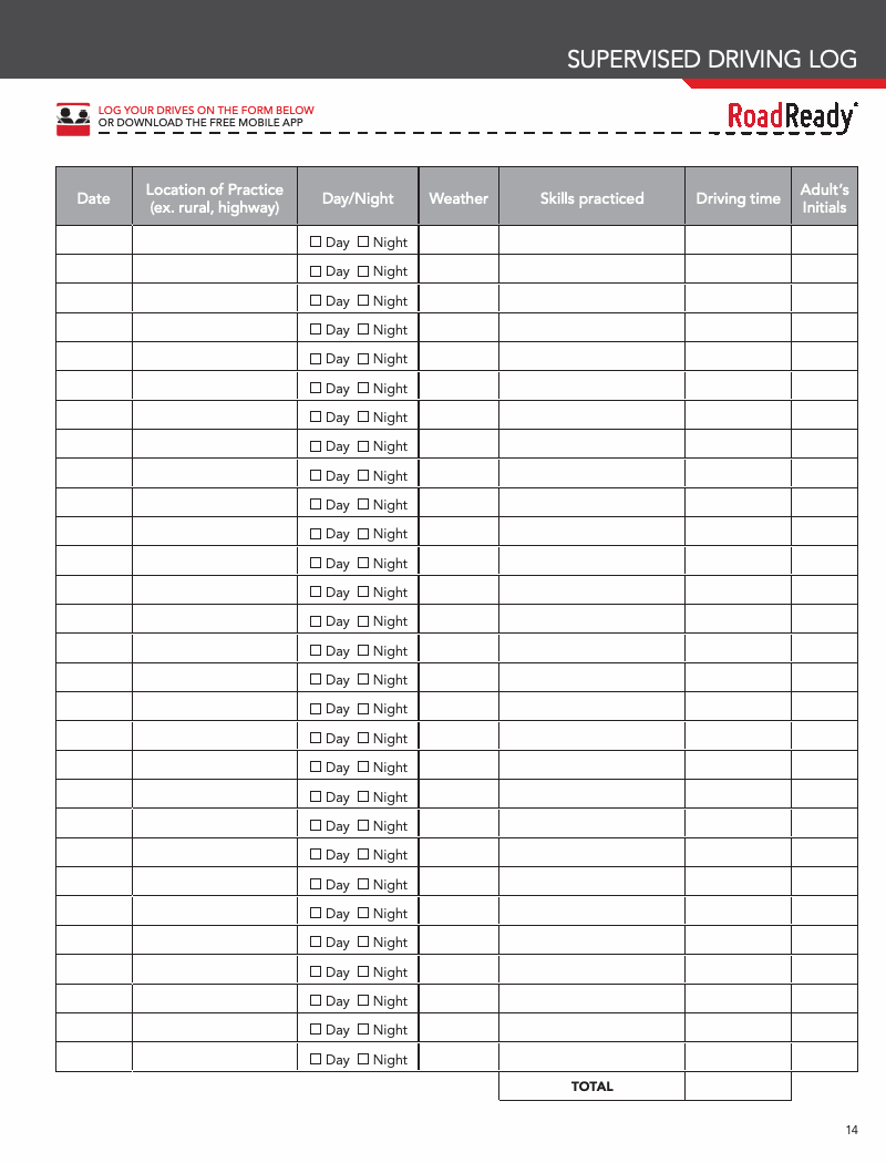 Preview of the official Supervised Driving Log that Learner Log generates for Iowa