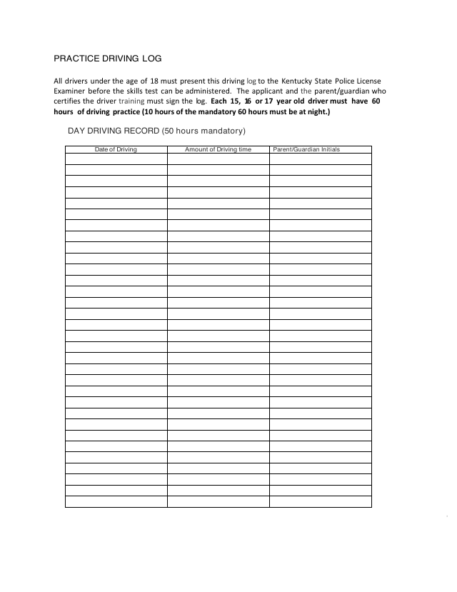Preview of the official Practice Driving Log that Learner Log generates for Kentucky