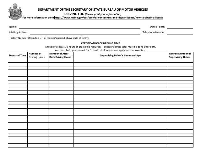 Preview of the official MVE-21 Driving Log that Learner Log generates for Maine