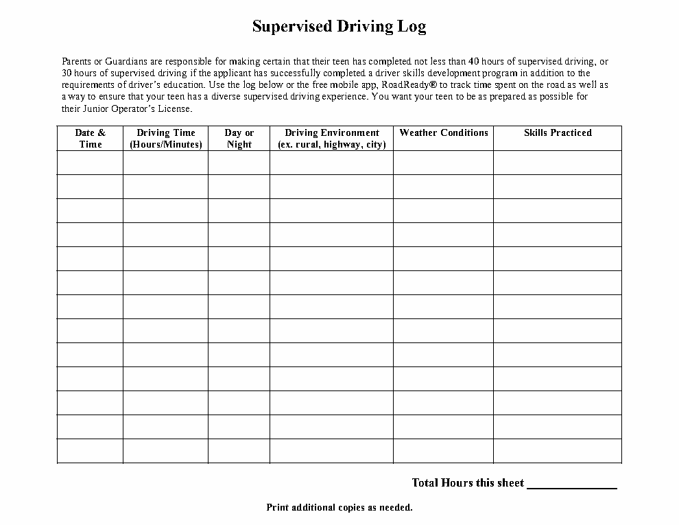 Preview of the official Supervised Driving Log that Learner Log generates for Massachusetts