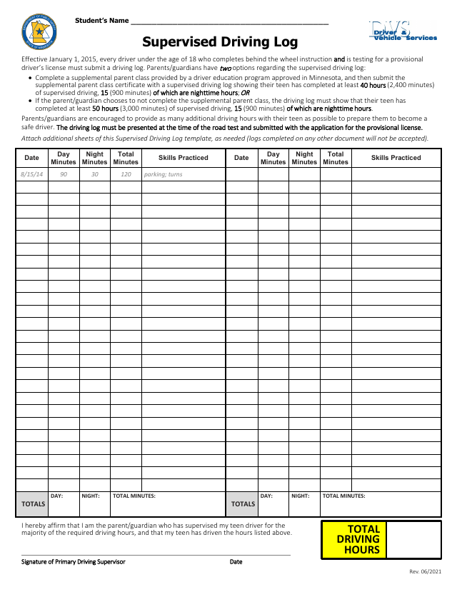 Preview of the official Supervised Driving Log that Learner Log generates for Minnesota