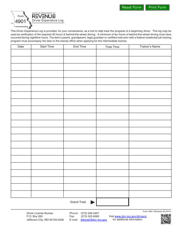 Preview of the official Form 4901 Driver Experience Log that Learner Log generates for Missouri