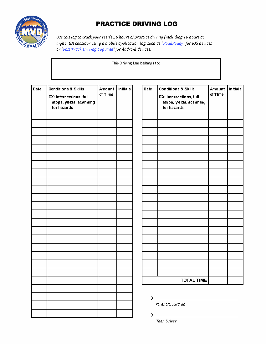 Preview of the official Practice Driving Log that Learner Log generates for Montana