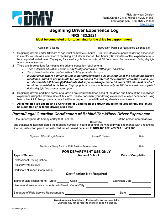 Preview of the official DLD-130 Beginning Driver Experience Log that Learner Log generates for Nevada