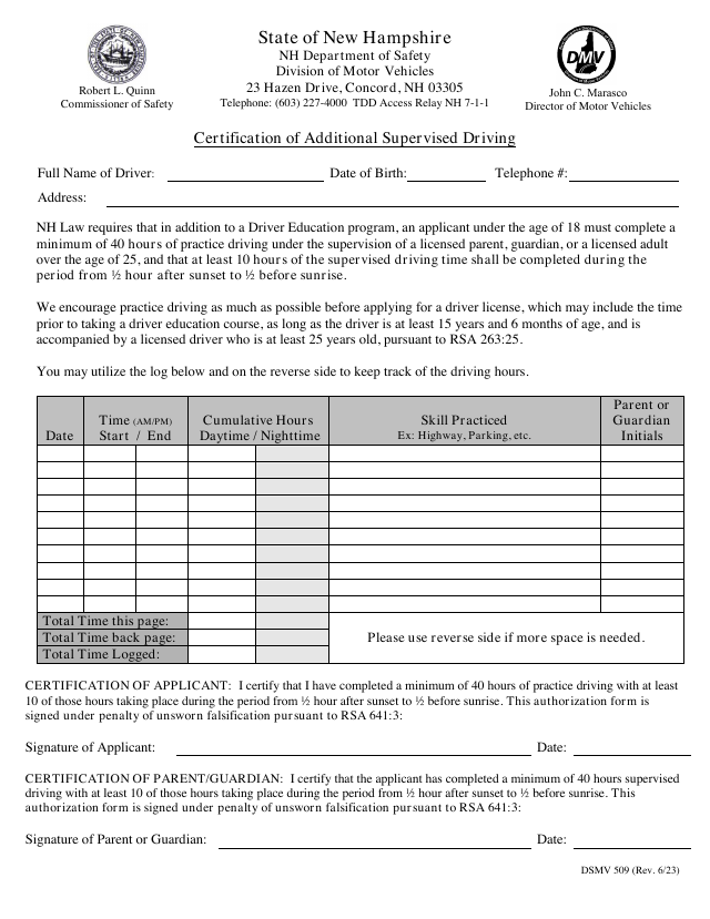Preview of the official DSMV 509 Certification of Additional Supervised Driving that Learner Log generates for New Hampshire