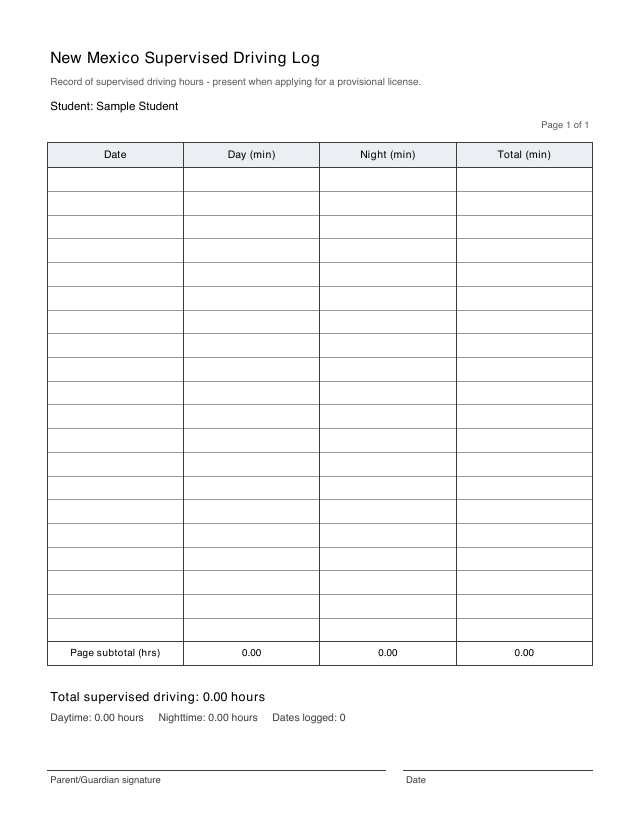 Preview of the Supervised Driving Log that Learner Log generates for New Mexico