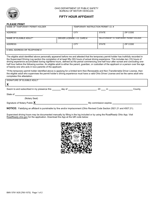 Preview of the official BMV 5791 Fifty Hour Affidavit that Learner Log generates for Ohio