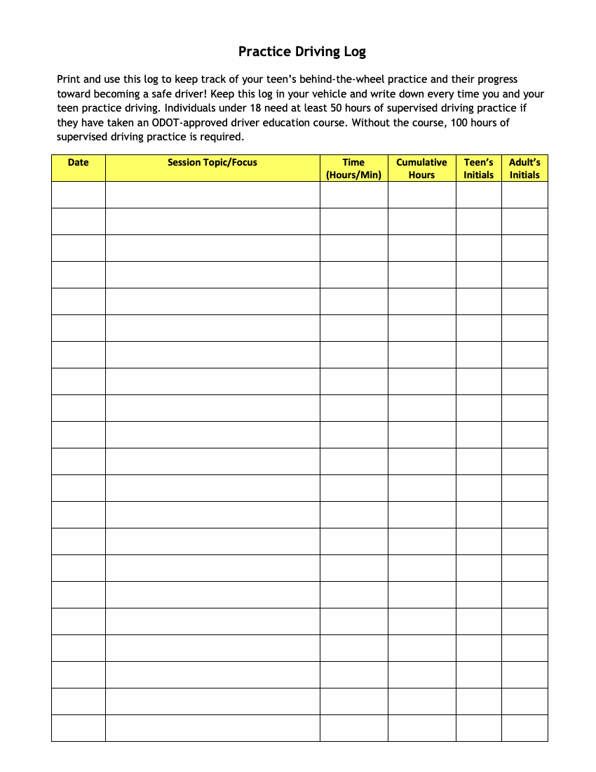 Preview of the official Practice Driving Log that Learner Log generates for Oregon