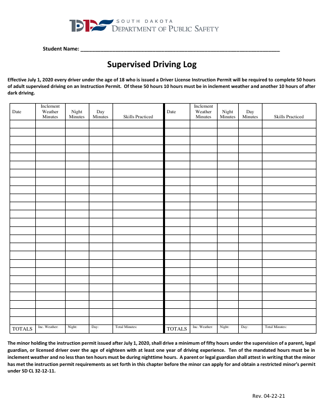 Preview of the official Supervised Driving Log (parent attests in writing) that Learner Log generates for South Dakota