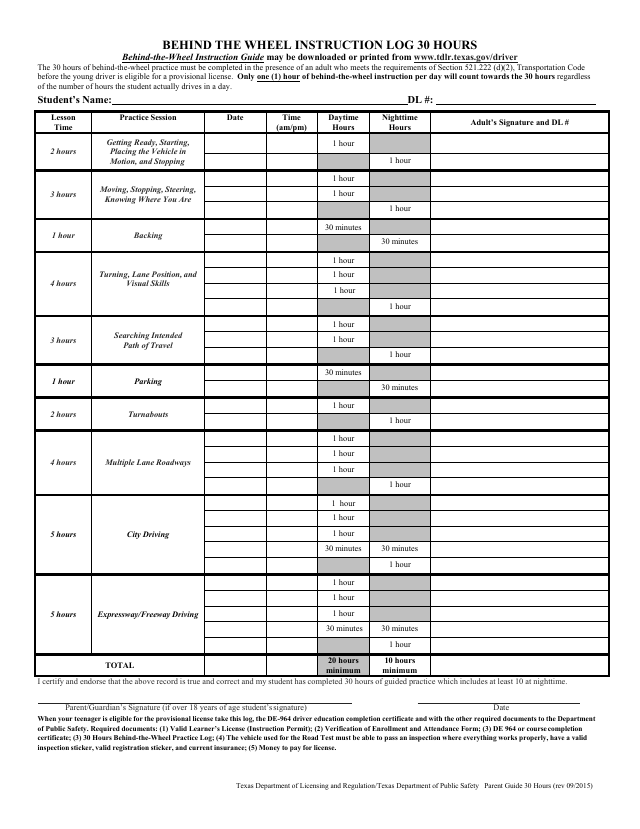 Preview of the official TDLR Behind-the-Wheel Instruction Log (30 Hours) that Learner Log generates for Texas
