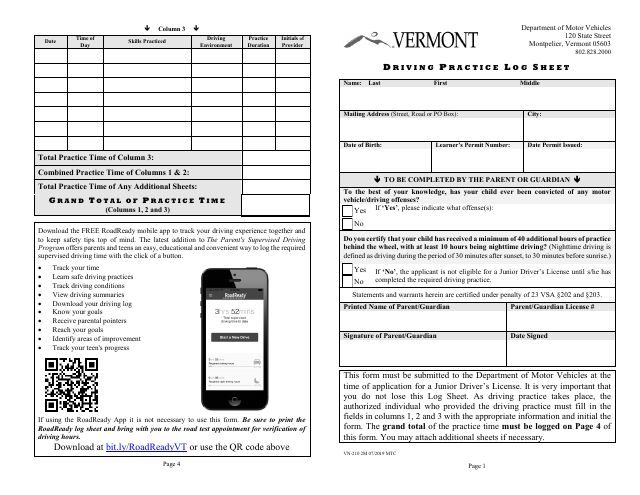 Preview of the official VN-210 Driving Practice Log Sheet that Learner Log generates for Vermont