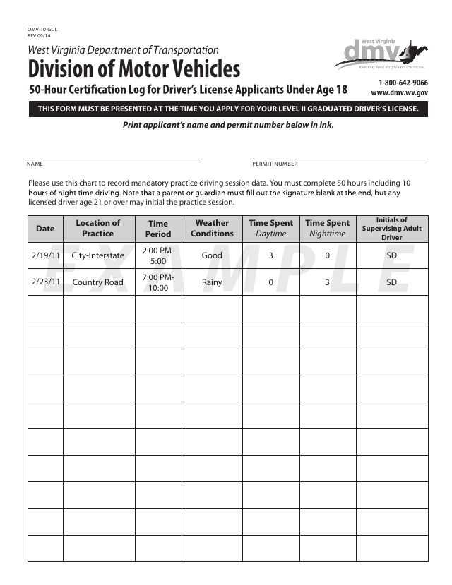 Preview of the official DMV-10-GDL GDL Driving Log that Learner Log generates for West Virginia