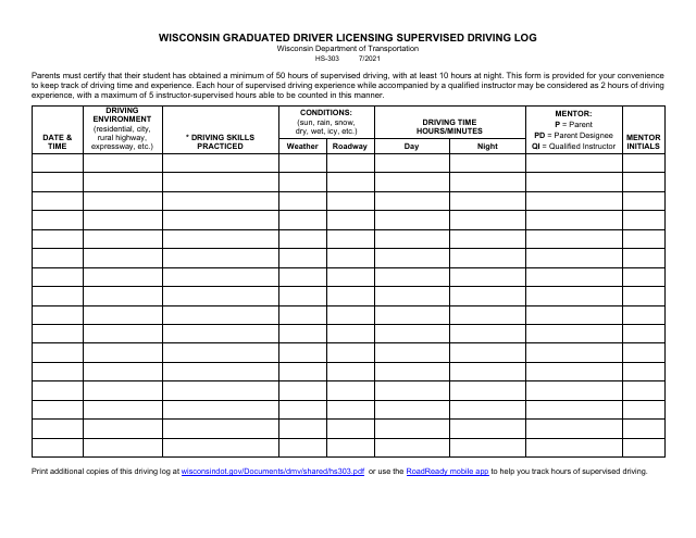 Preview of the official HS-303 Supervised Driving Log that Learner Log generates for Wisconsin